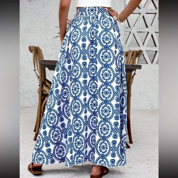 Boho floral print ruffle hem maxi skirt